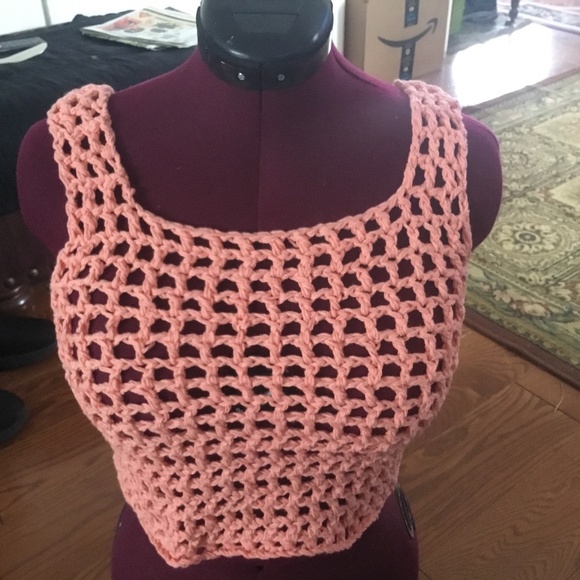 Hand- crocheted peach coloured cotton mesh pop-top -new - Picture 1 of 8